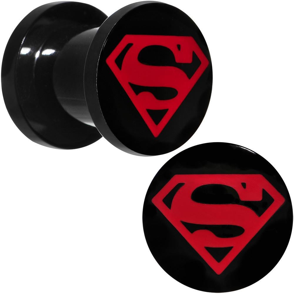 Superboy Logo - Gauge Black PVD Licensed Superboy Logo Screw Fit Plug Set