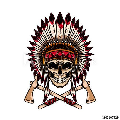 Tomahawks Logo - Native indian chief skull with crossed tomahawks on white background