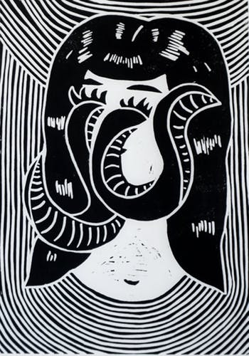 Linocut Logo - Tentacle Woman, linocut / linoleumstryk by Ditte Kroyer - Art print of wood  / linocut print