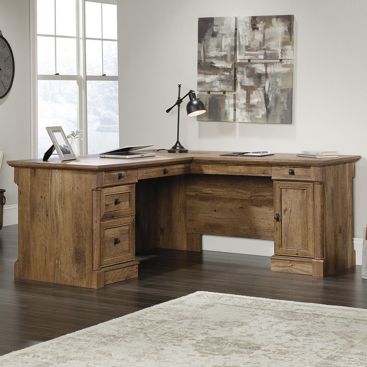 Palladia Logo - Sauder Palladia L-Shaped Desk in Vintage Oak | Nebraska Furniture Mart