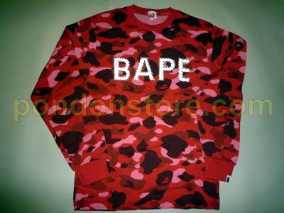 Red BAPE Logo - A BATHING APE : rhinestone red camo bape logo long tee # [Pondon Store]