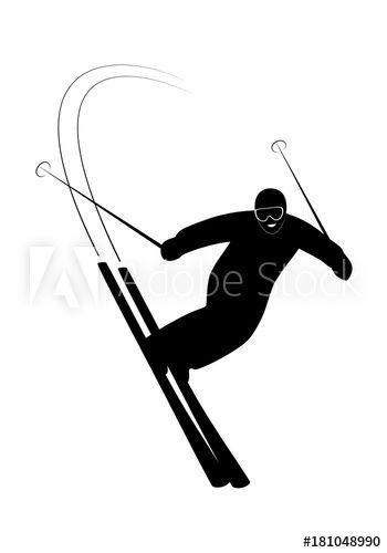 Skier Logo - Smiling skier riding on skis on snow winter. Man on downhill on ...