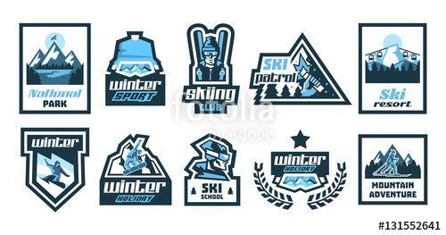 Skier Logo - Set logos, stickers, posters on the theme of skiing, winter holidays ...