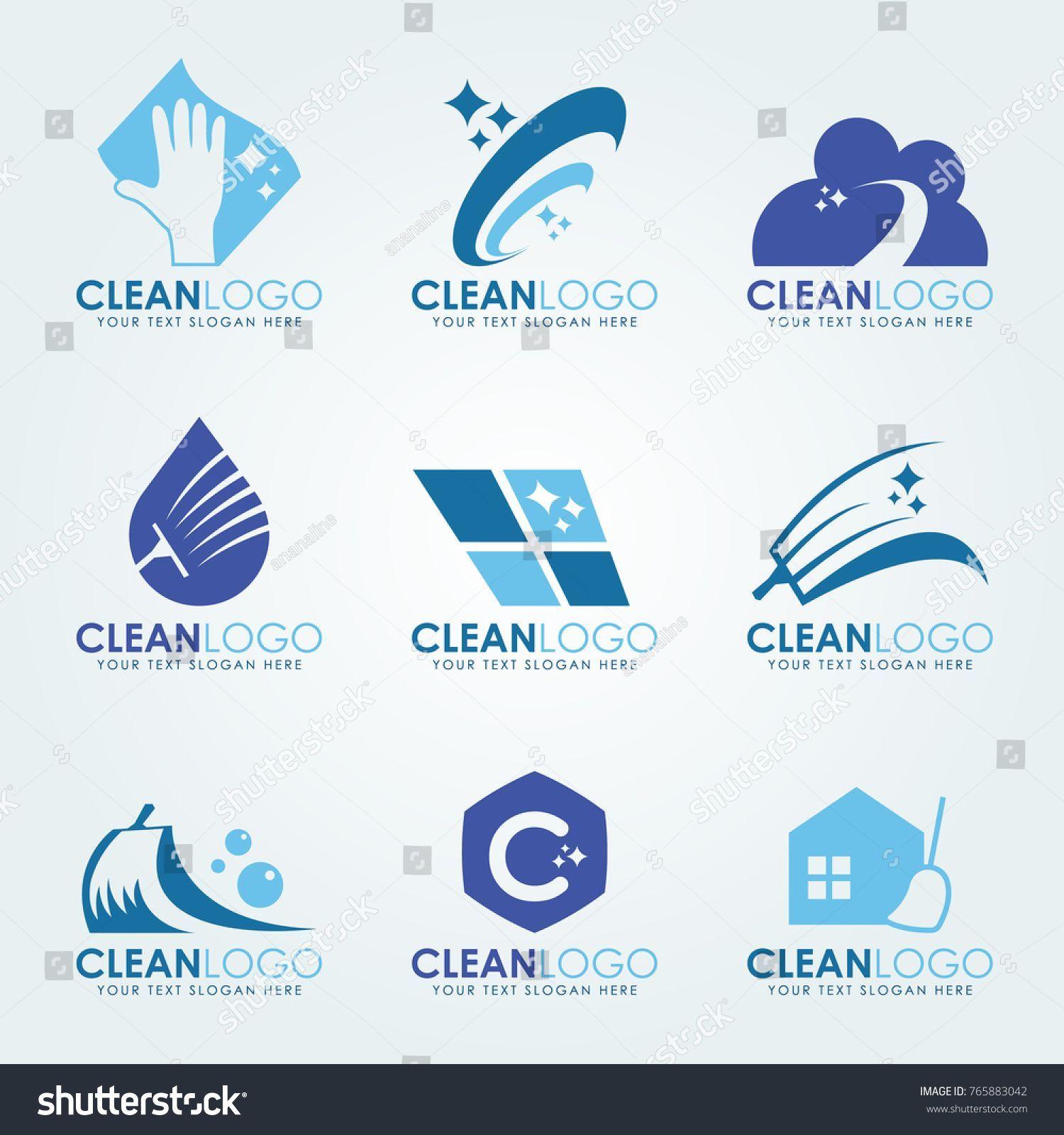 Broom Logo - Blue Clean logo with Cleaning gloves, water droplets, scrub brush