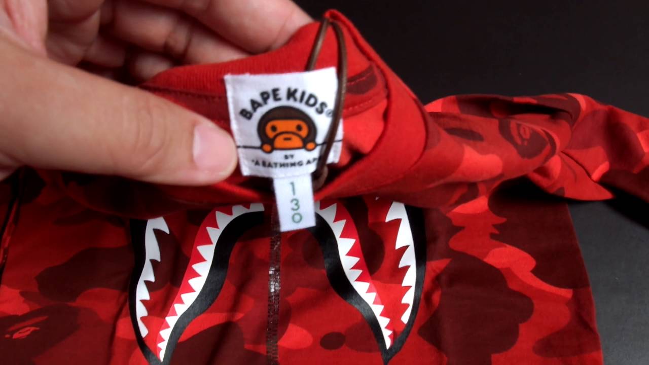 Red BAPE Logo - Bathing Ape (BAPE) KIDS Red Long Sleeve Shark Tee Unboxing & Review ...