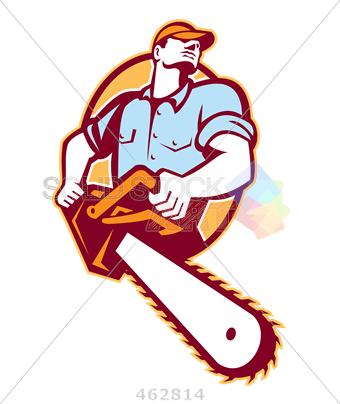 Chainsaw Logo - Stock Illustration of Logger in shirt carrying chainsaw cartoon logo