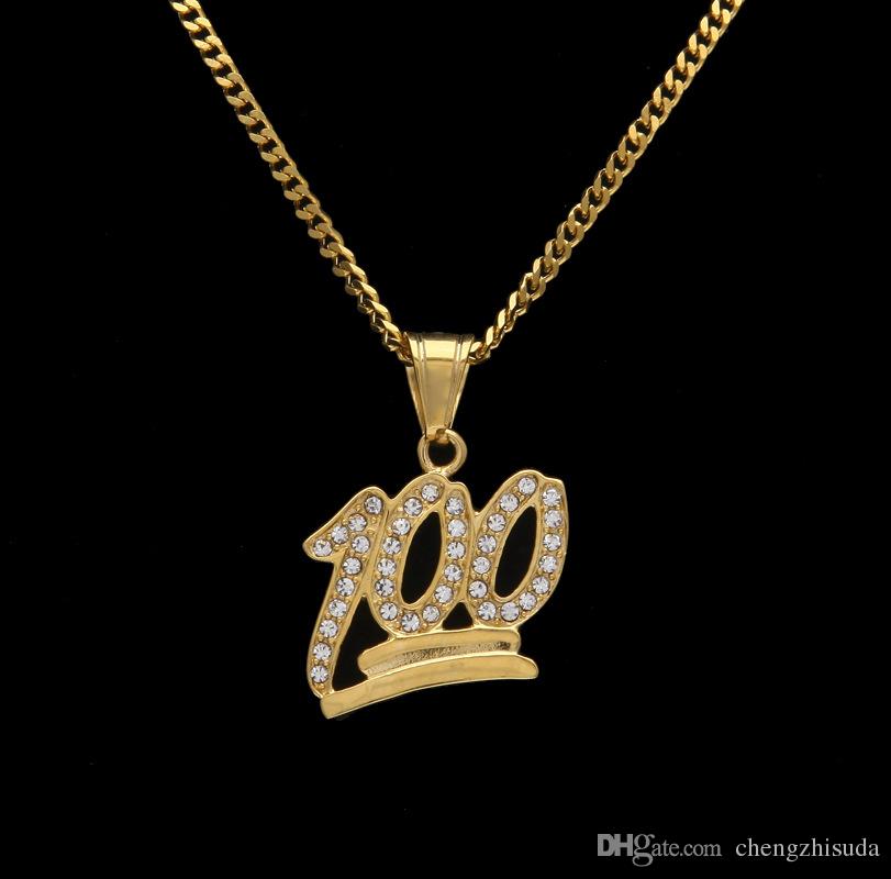 Necklace Logo - Golden Emoji 100 Logo Pendant Iced Out Bling Rhinestone Crystal Men s Hip  hop Pendant Necklace Chain Drop Shipping