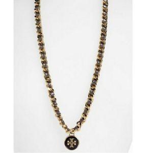 Necklace Logo - Details about Tory Burch Long Leather Chain Wrap Necklace With Logo In Gold  And Black. Nwot