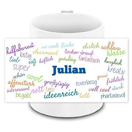 Cool Julian Name Logo - Name Mug with Julian and positive properties in cursive, White ...