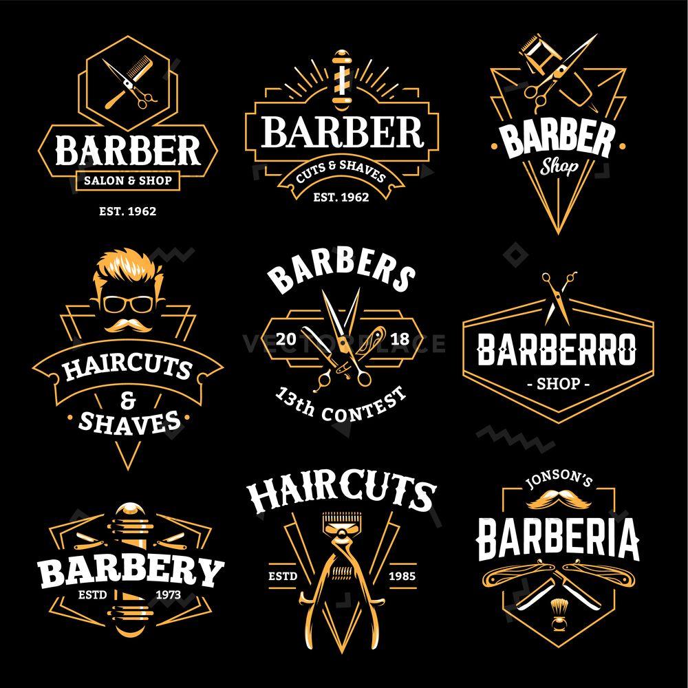 Deco Logo - Barber Shop Retro Emblems in art deco style. Set of stylish barber logo templates. Gold color vector art isolated on black