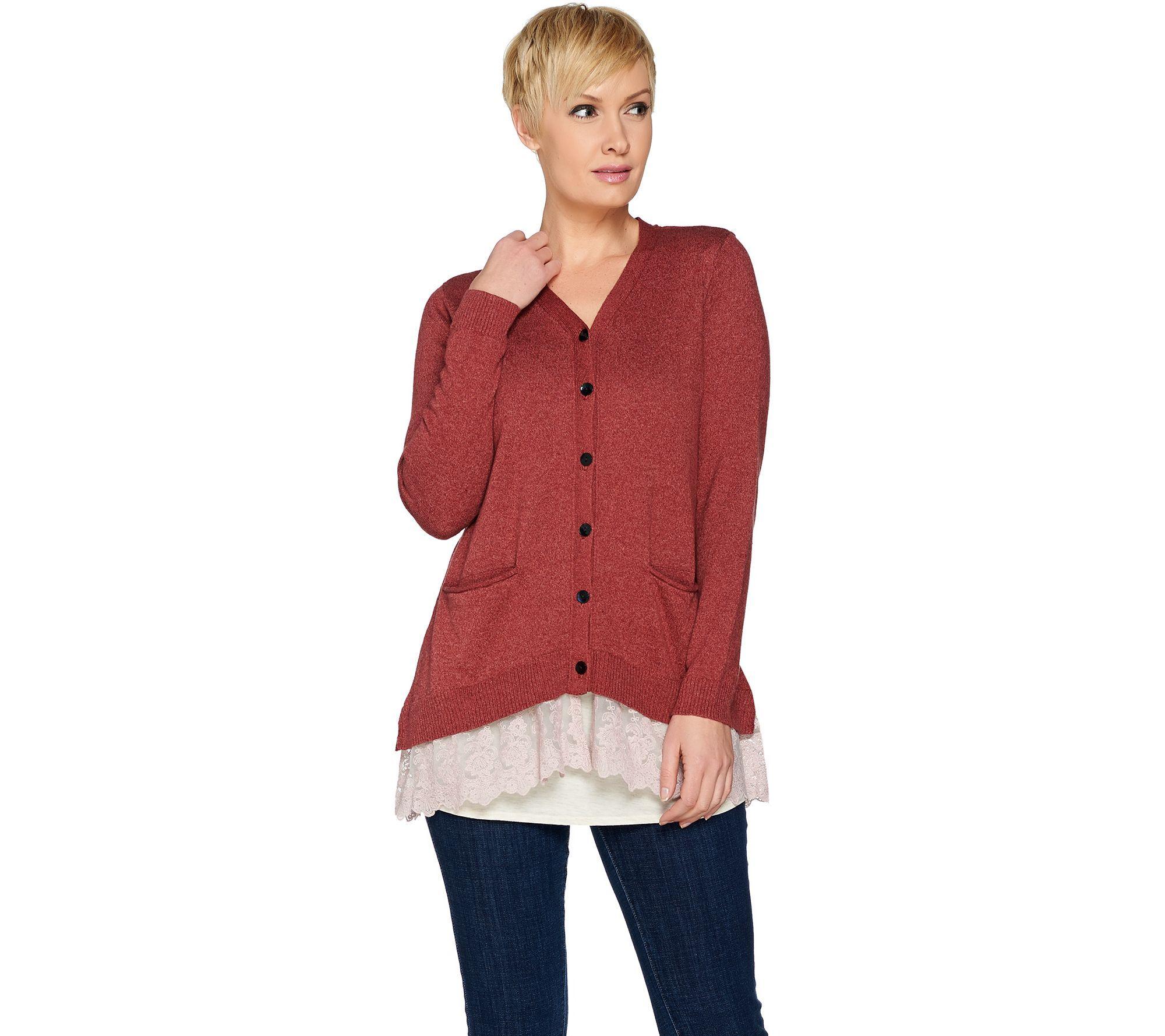 QVC.com Logo - LOGO by Lori Goldstein Button Front Knit Cardigan with Lace Hem