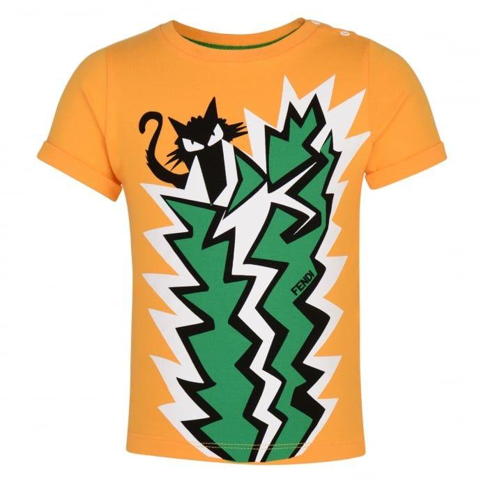 Black and Orange Logo - Fendi Baby Boys Orange Logo T-Shirt with Black Cat and Green Cactus ...
