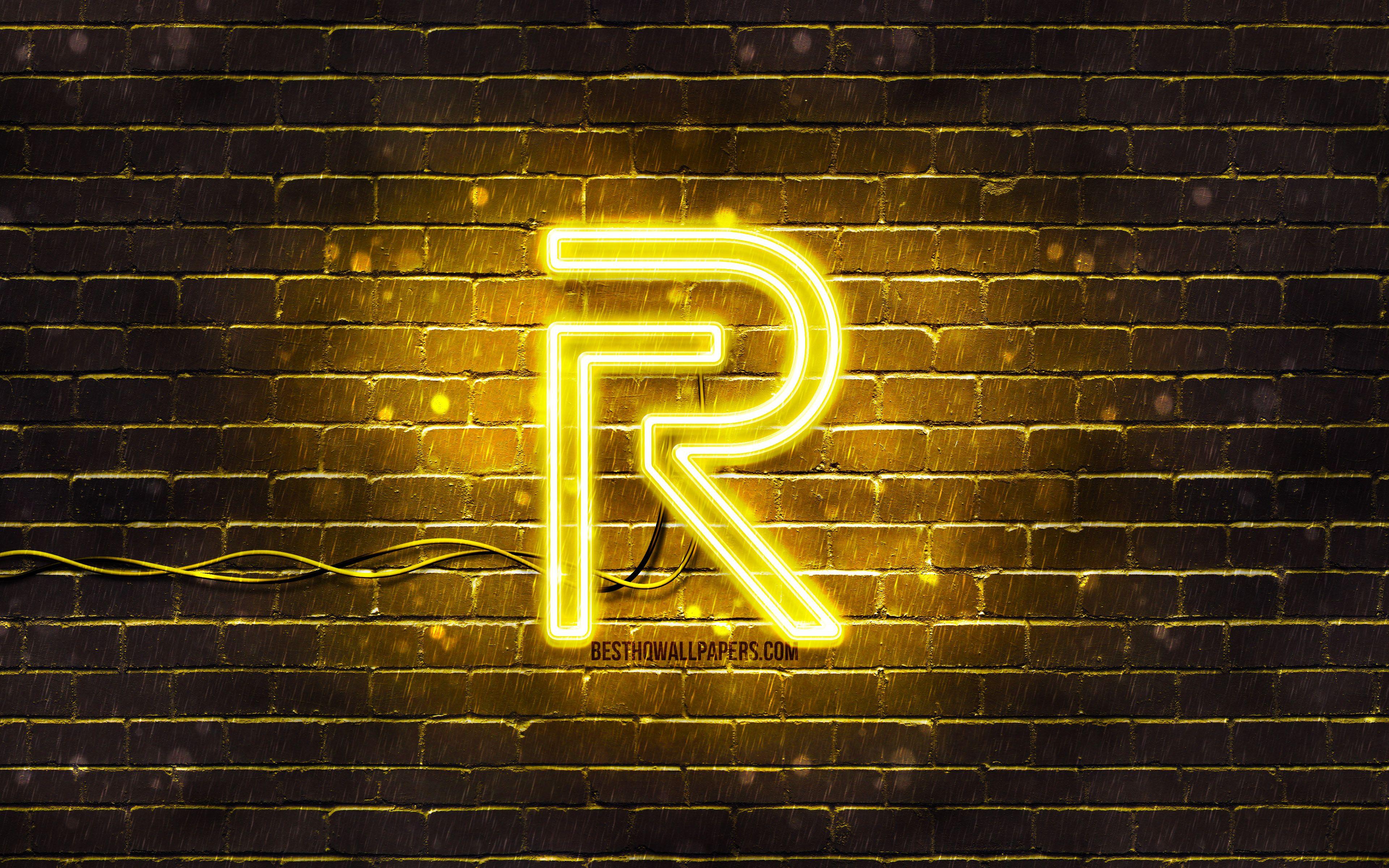 realme Logo - 4k, yellow brickwall, Realme logo