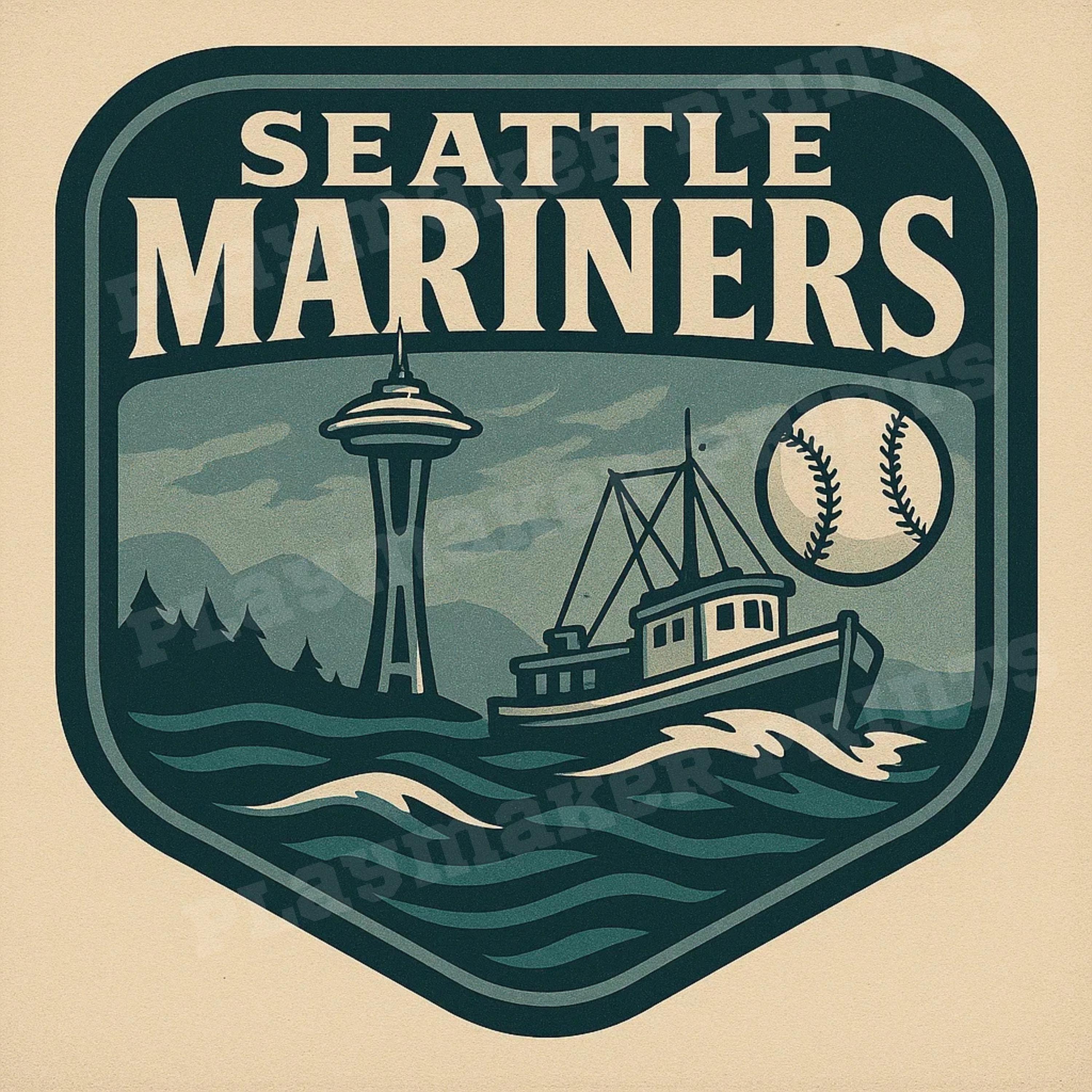 Seattle Mariners Logo - Seattle Mariners Retro Logo Art Print – Vintage Space Needle & Fishing Boat  Design | Coastal Baseball Wall Art | Digital Download