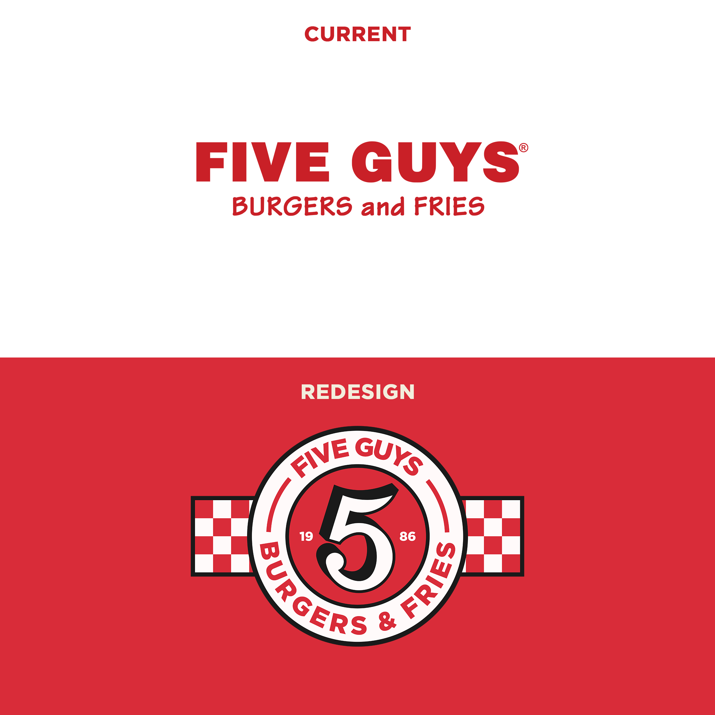 Five Guys Logo - Five Guys rebrand concept I made. Constructive criticism welcome. :) I  wanted to stay consistent with the current brand, but give more  personality/professionalism : r/WillPatersonDesign