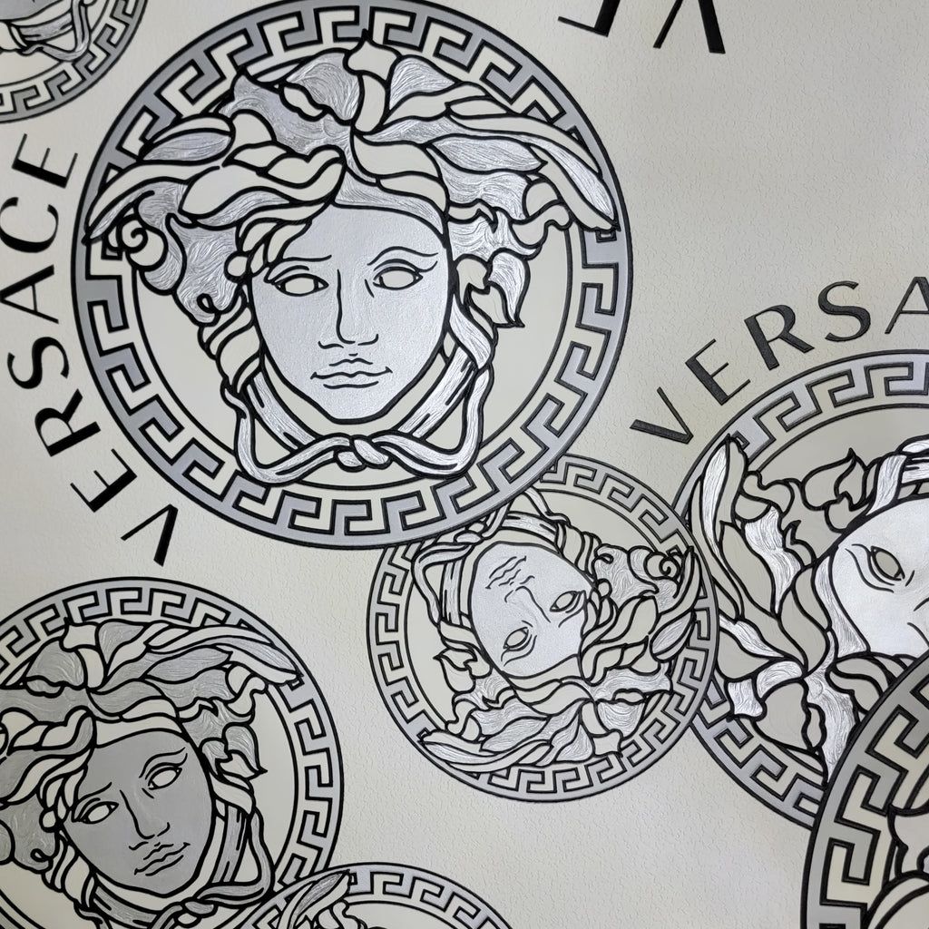 Versace Logo - 38610-2 Versace White Silver Gray black Medusa Head Greek Key Logo Wal –  wallcoveringsmart