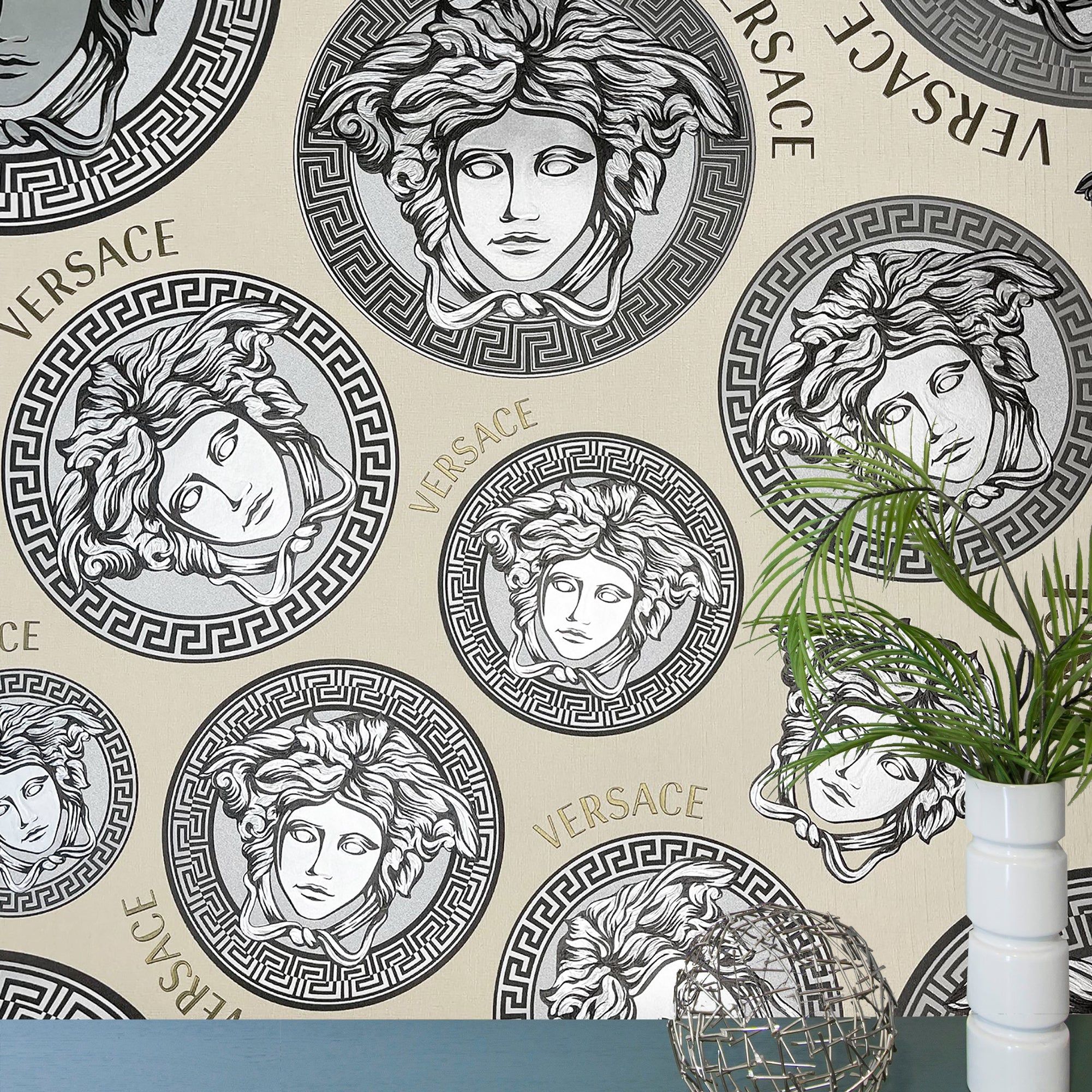 Versace Logo - 38611-4 Versace Beige Gray Silver Medusa Wallpaper