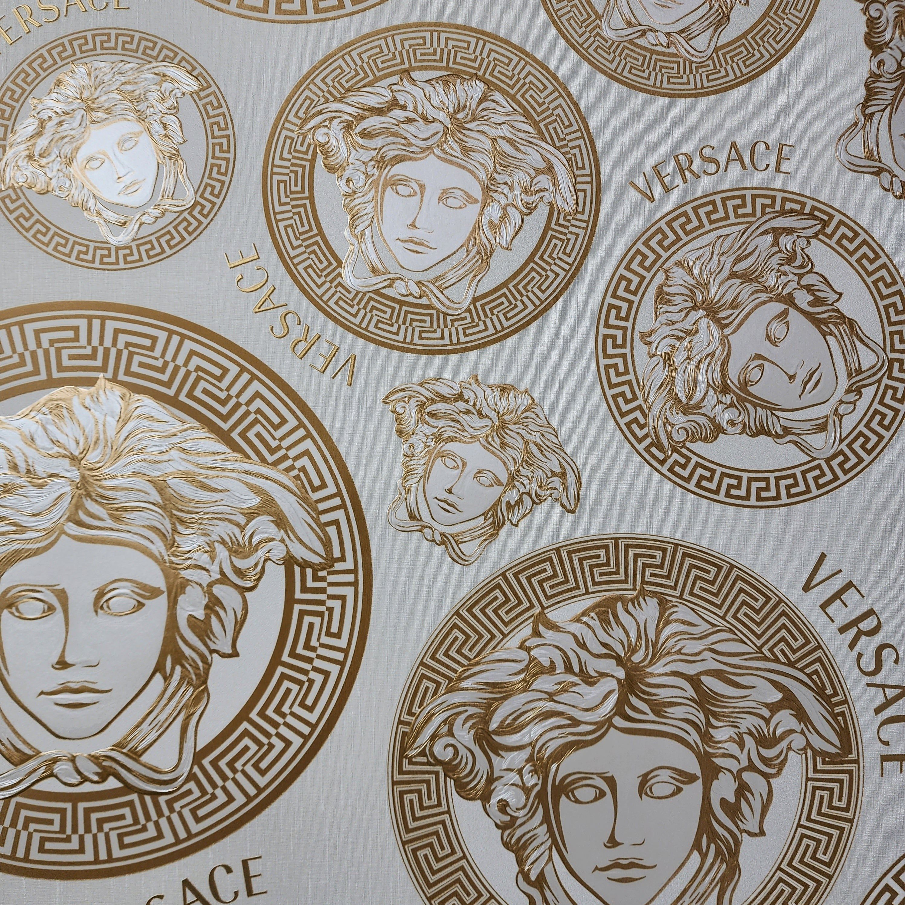 Versace Logo - 38611-5 Medusa Versace Off white gold metallic greek key circles textured  Wallpaper