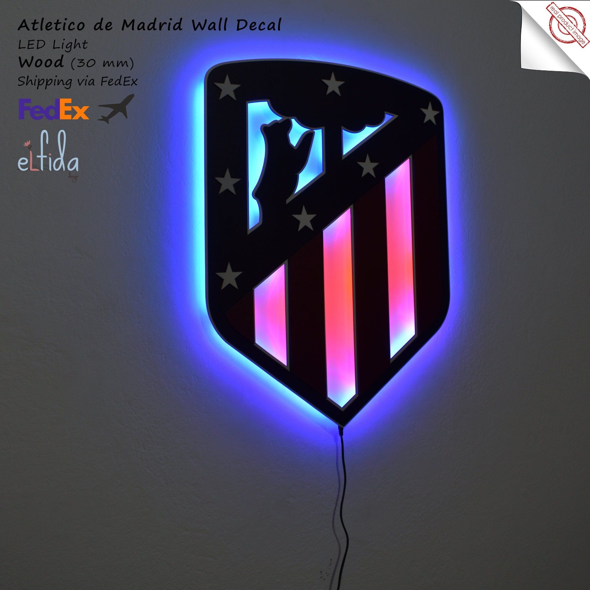 Atletico Madrid Logo - 3D Atlético Madrid LED Wall Decor: Wooden Team Logo (50x60cm) - Etsy Norway