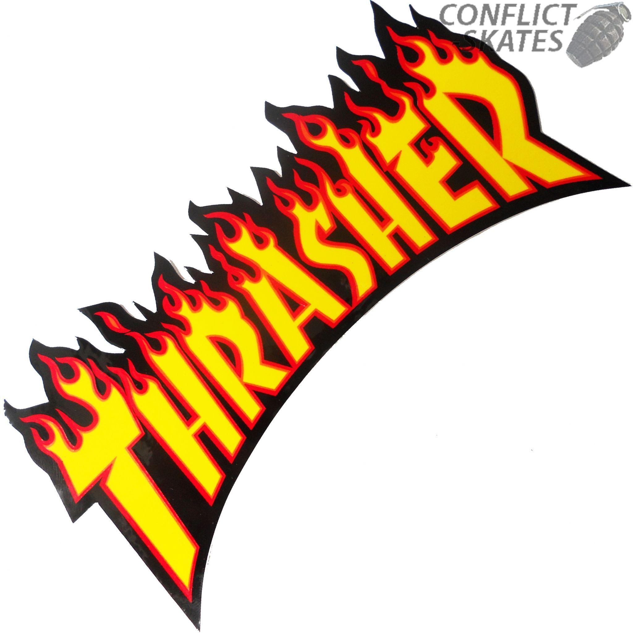 Red and Yellow P Logo - THRASHER Flame Logo Skateboard Sticker 26cm LARGE YELLOW Skate Mag