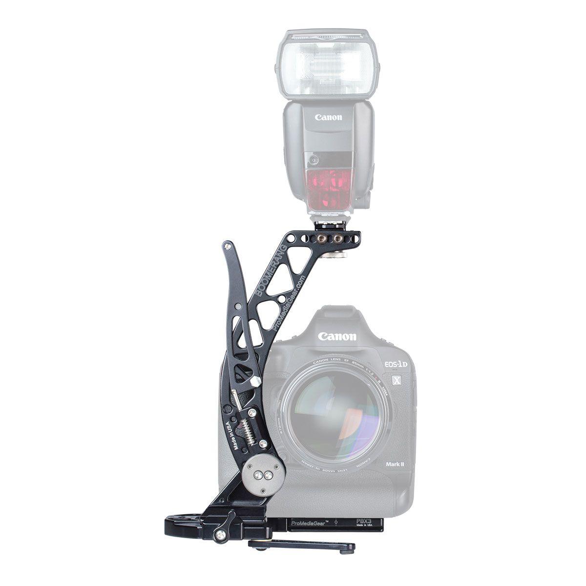 Above Each Other Silver Boomerangs Logo - ProMediaGear Boomerang Flash Bracket For Cameras With Grip Battery Pack