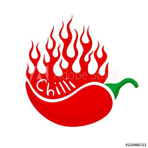 Red Chili Pepper Restaurant Logo - Flat vector drawing with chilli and blazing flames. Hot burning fire ...