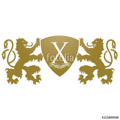 Twin Lion Logo - Golden Twin Lion Holding Shield Letter X