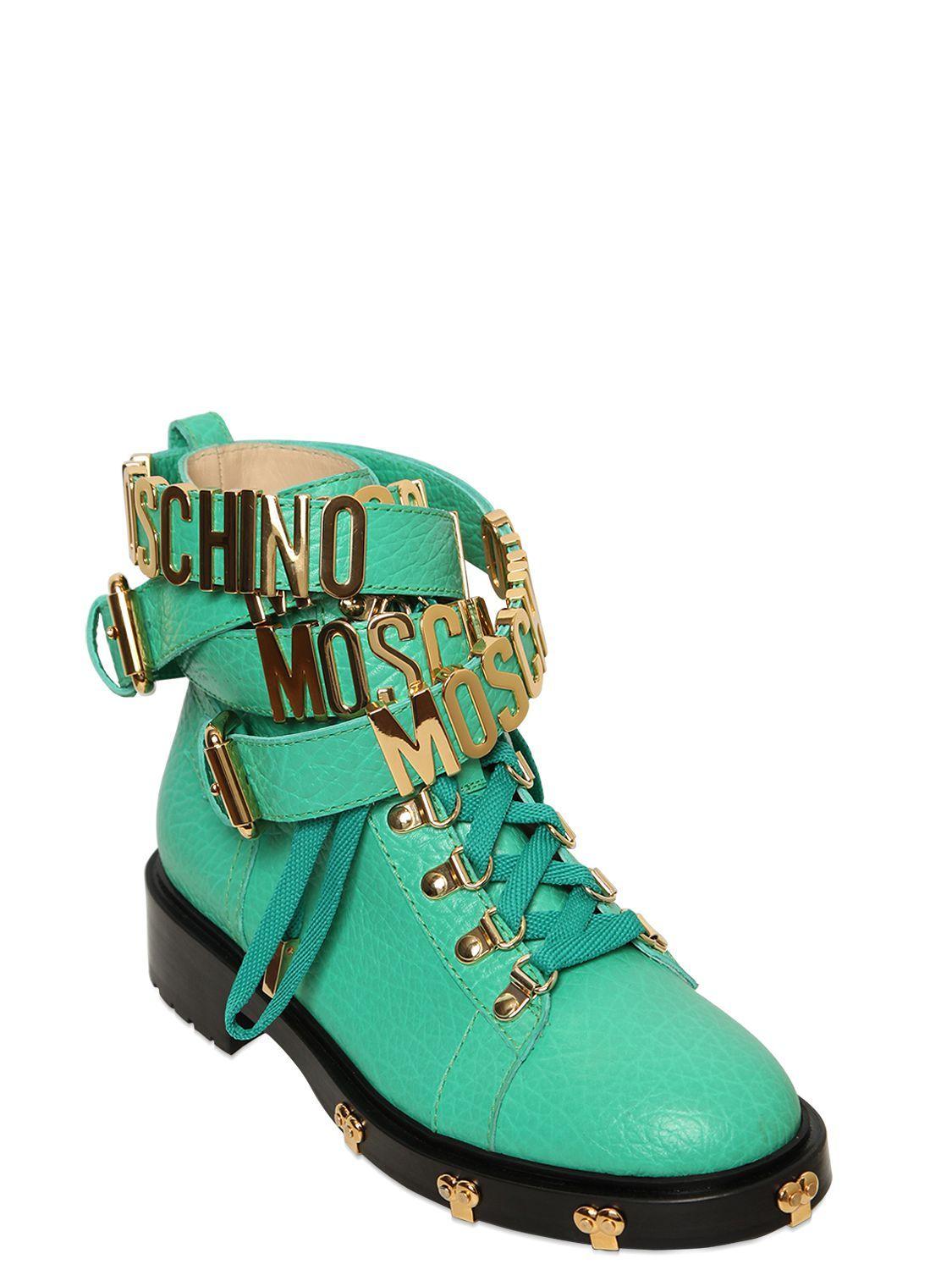 Green Boots Logo - Lyst - Moschino Logo-Strap Leather Ankle Boots in Green