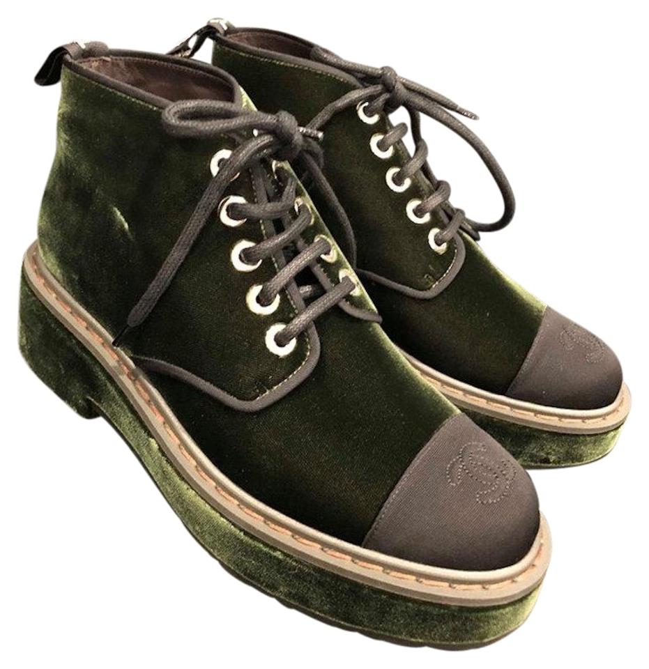 Green Boots Logo - Chanel Green 17b Velvet Black Cc Logo Lace Up Combat Short Ankle
