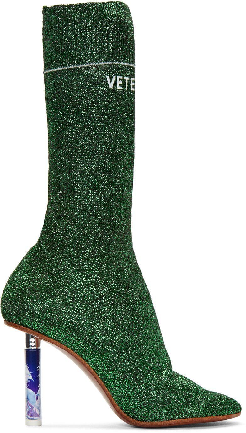 Green Boots Logo - VETEMENTS Green Metallic Logo Sock Boots. #vetements #shoes #boots ...