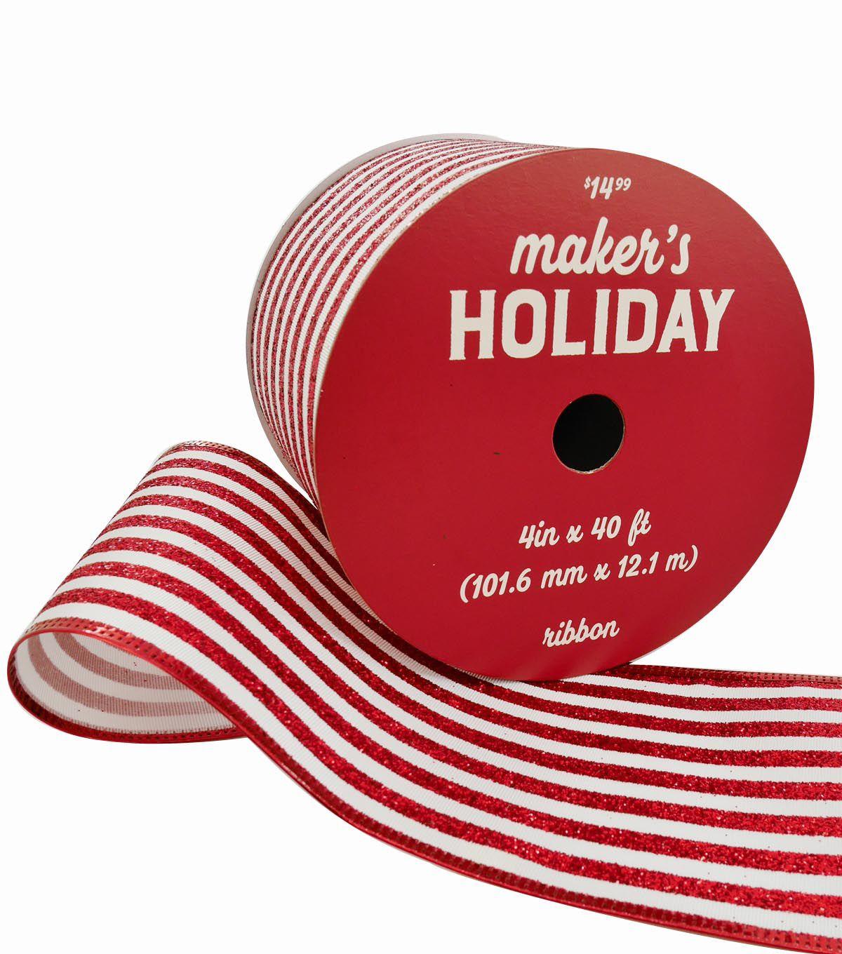 Red and White Stripes with Red Circle Logo - Maker's Holiday Christmas Ribbon 4''x40'-Red Glitter & White Stripes