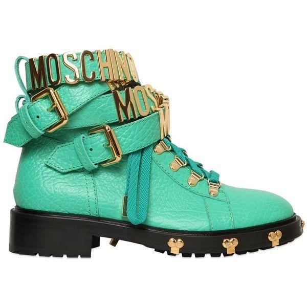 Green Boots Logo - MOSCHINO 30mm Logo Lettering Leather Boots ($046) ❤ liked