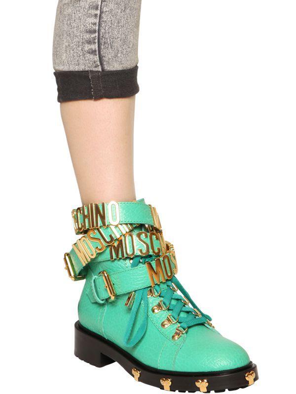 Green Boots Logo - Lyst - Moschino Logo-Strap Leather Ankle Boots in Green