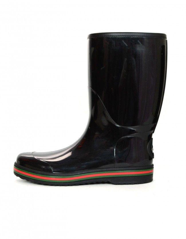 Green Boots Logo - Gucci Black Rain Boots W/ Logo And Green & Red Detailing Mens Sz 11