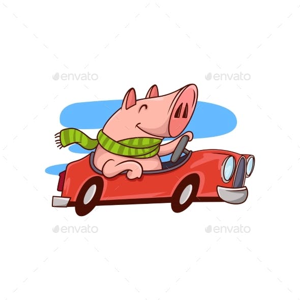 Animals On Red Car Logo - Smiling Pig Riding Red Car