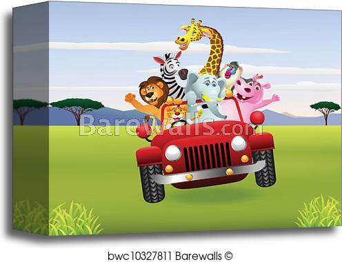 Animals On Red Car Logo - Canvas Print of African animals in red car. Barewalls Posters