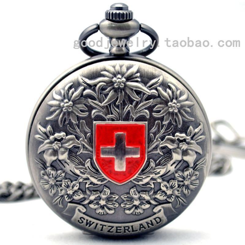 White Watch with Red X Logo - Switzerland Red cross mechanical pocket watch classic men's