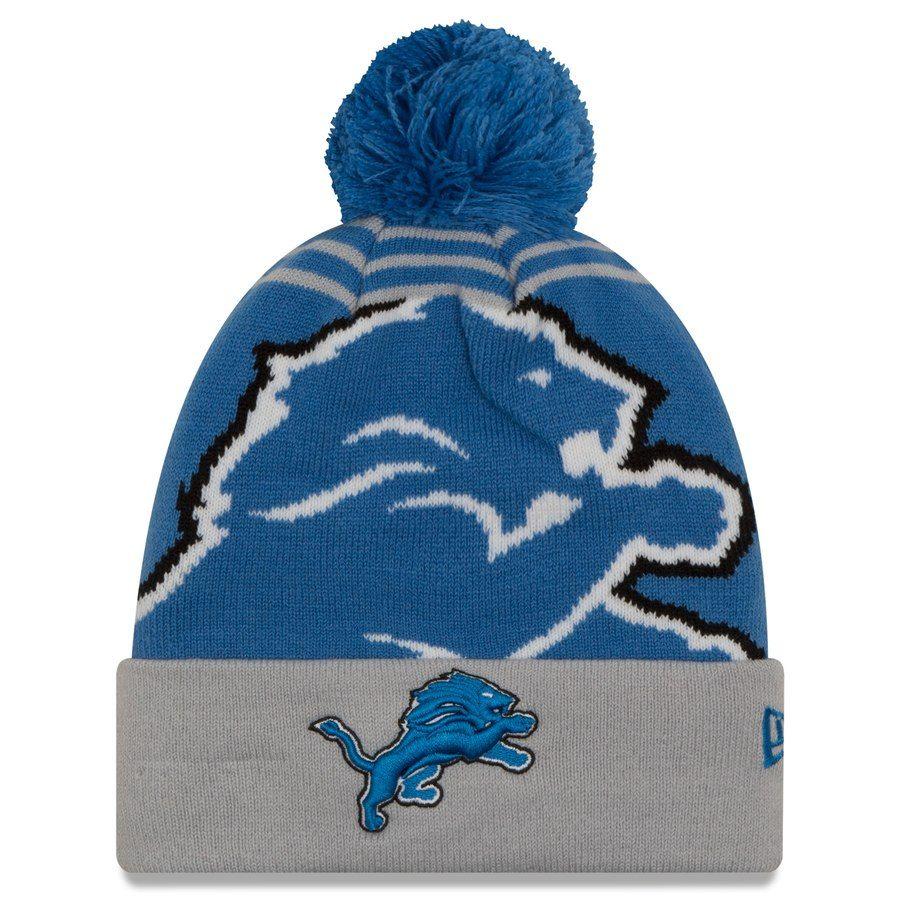Detroit Lions Silver Logo - New Era Detroit Lions Blue Silver Logo Whiz 2 Cuffed Knit Hat With Pom