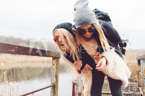 Online Outdoor Company Sheep Logo - Outdoor lifestyle portrait of two best friends, smiling and having