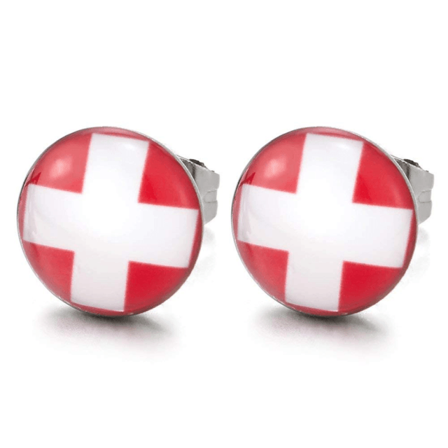 Red Ball with White Cross Logo - Mens Womens Red Circle Stud Earrings With White Cross Stainless ...
