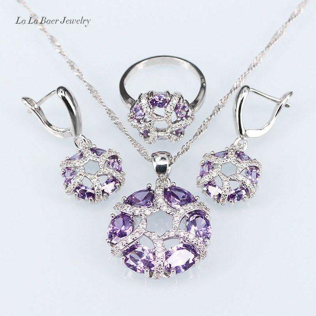 Round Purple Logo - L&B Round Purple crystal Rhinestone CZ 925 logo Jewelry Sets for ...