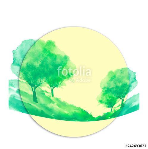 Round Grass Logo - Watercolor drawing of nature. Round element on white isolated ...