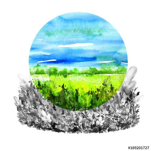 Round Grass Logo - Watercolor painting, logo. Ecological illustration. Bright blue sky