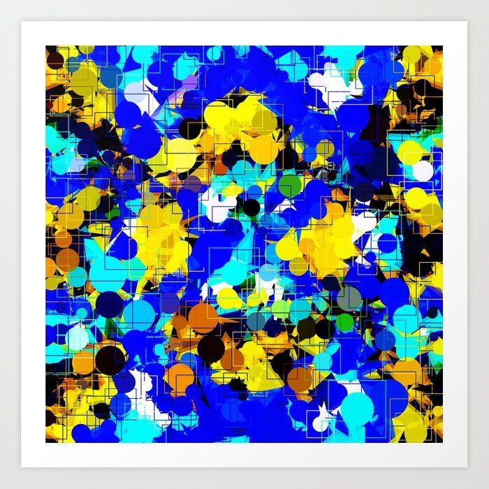 Blue and Yellow Square with Circle Logo - psychedelic geometric circle pattern and square pattern abstract in blue  yellow brown Art Print