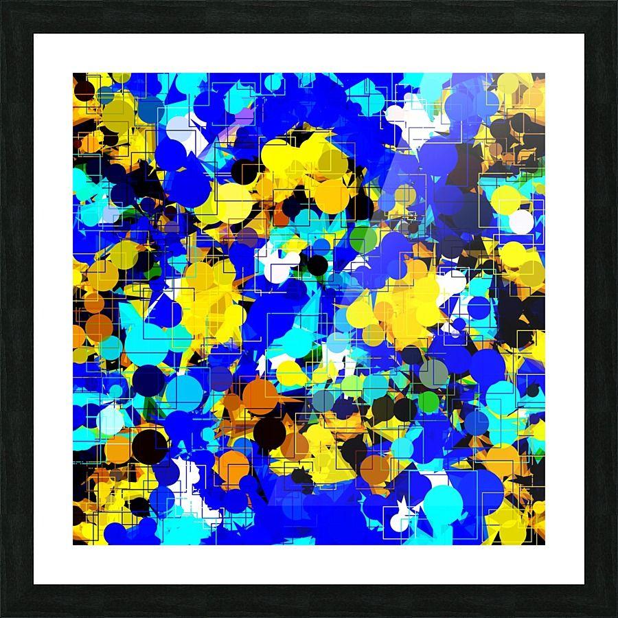 Blue and Yellow Square with Circle Logo - psychedelic geometric circle pattern and square pattern abstract in blue yellow brown
