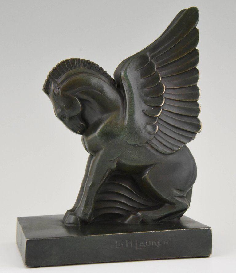 Art Deco Flying Horse Logo - Art Deco Pagasus Winged Horse Bookends Georges H. Laurent, France ...