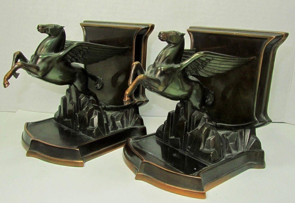 Art Deco Flying Horse Logo - MOBIL OIL GAS PEGASUS FLYING HORSE Art Deco PAIR OF COPPER BOOKENDS