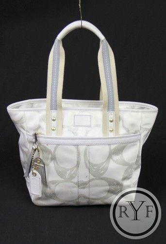 CC Purse Logo - Auth COACH White Silver Signature Optic CC Logo Shoulder TOTE BAG ...