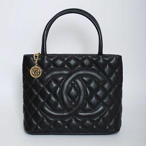 CC Purse Logo - CHANEL Black Caviar Medallion Tote Bag Shoulder Handbag CC Logo