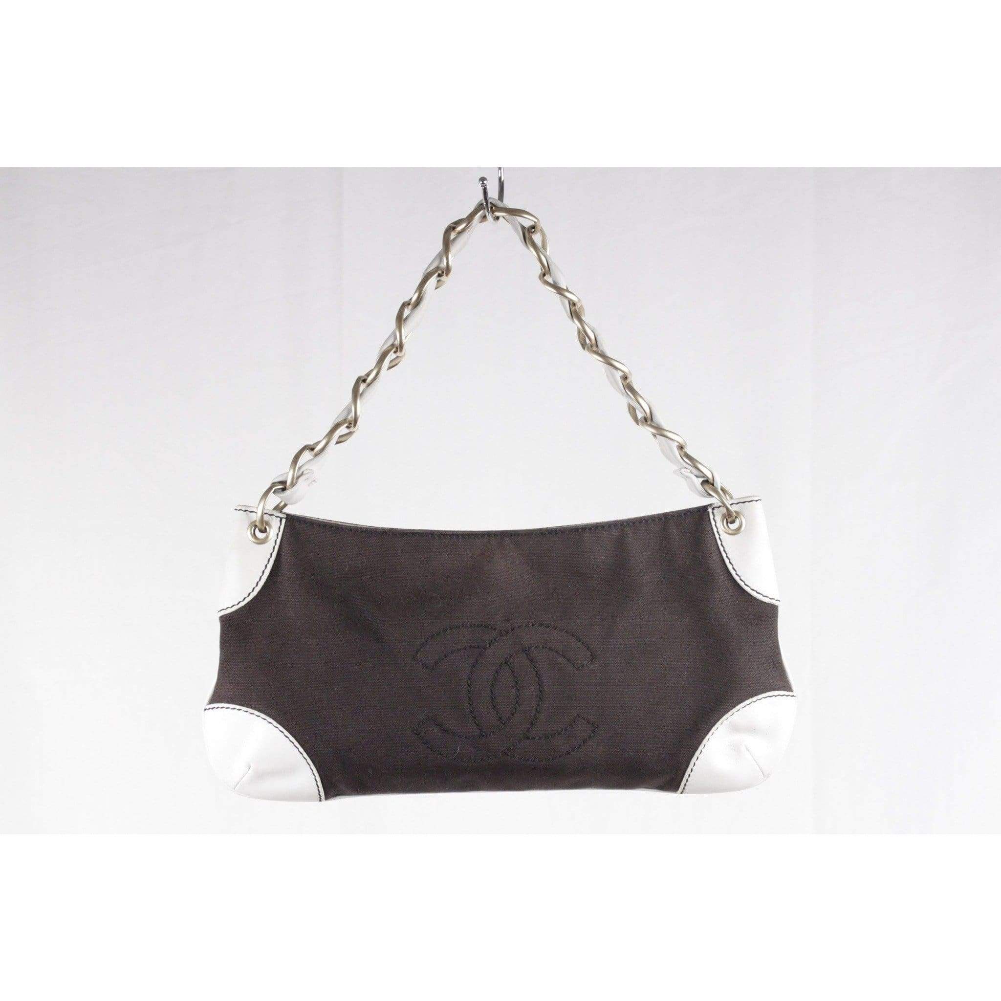 CC Purse Logo - Opherty & Ciocci - Chanel Brown Canvas & White Leather Shoulder Bag ...